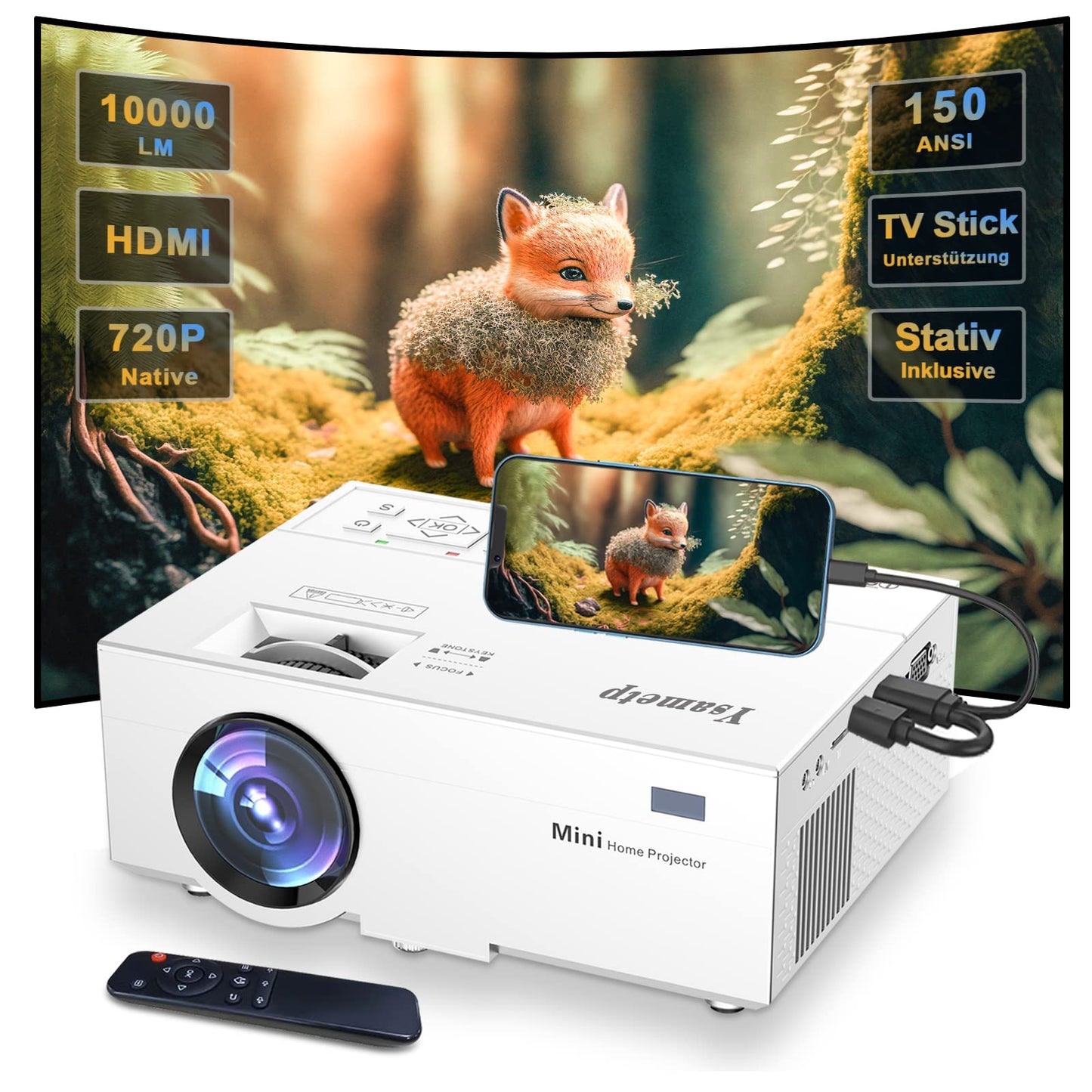 Mini projector for phones, 1080P home theater video projector, 10000 lumens, LCD projector compatible with laptop, TV stick, HDMI, VGA, USB, iPhone, smartphone.