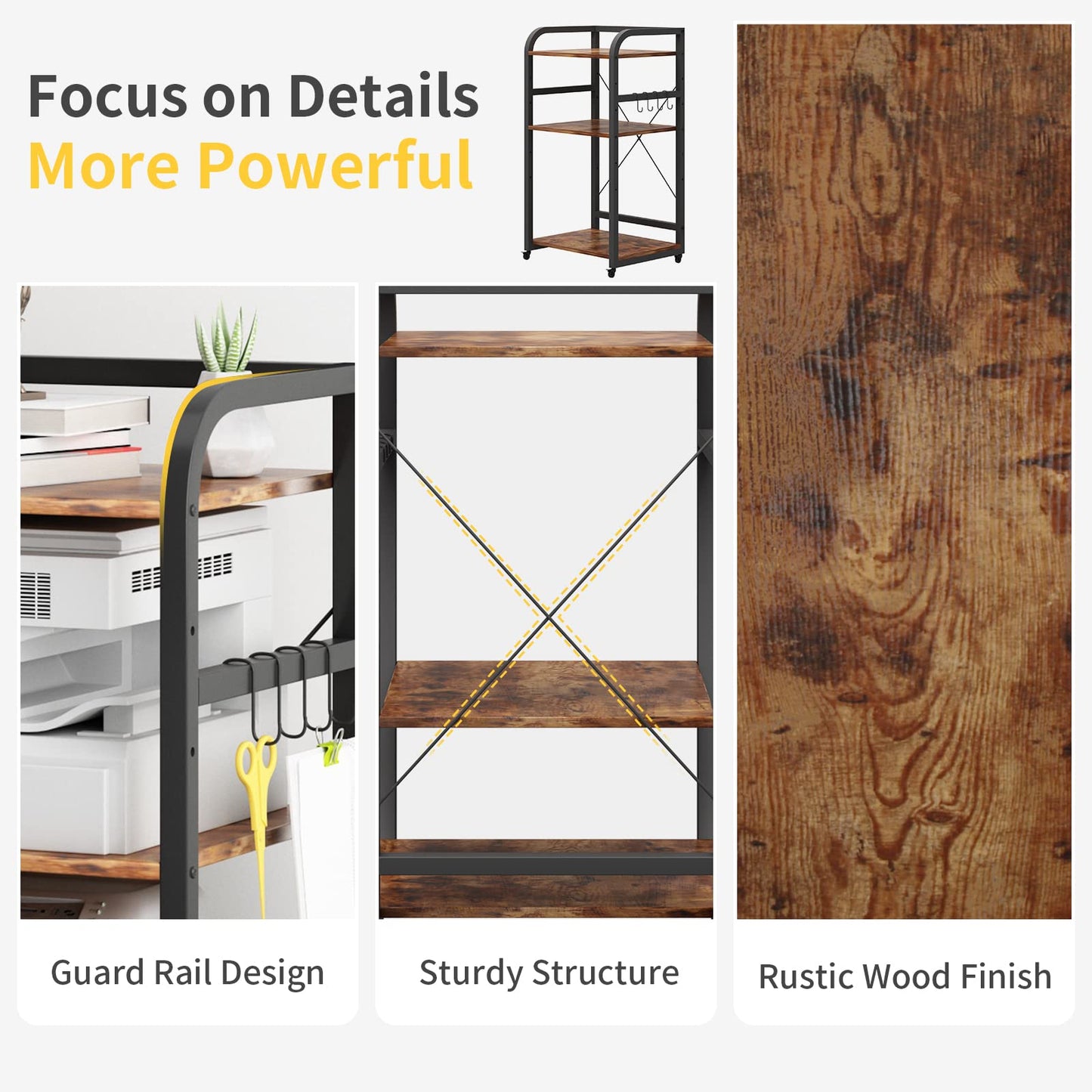 DAWNYIELD 3-tier printer stand with wheels fax shredder, computer shelf adjustable height rolling storage rack for home office with 4 hooks (Vintage)