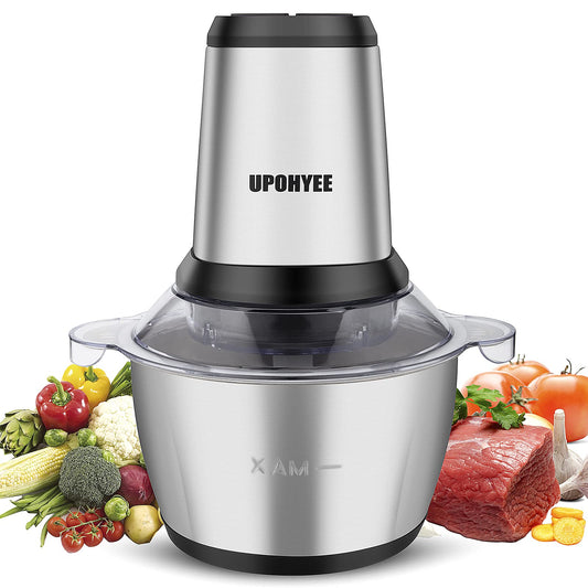600W 2L stainless steel bowl food processor with 2 speed settings. Electric kitchen chopper with 4 blades for vegetables and garlic.