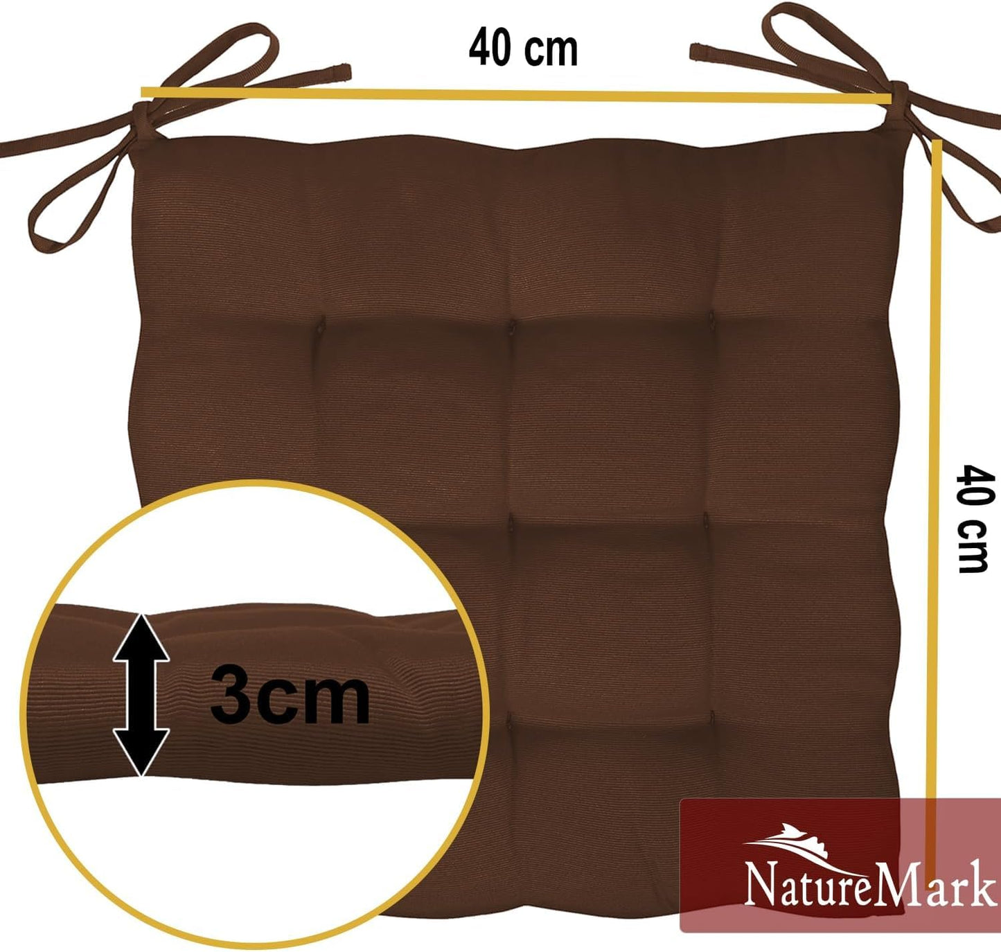 NatureMark 4-piece set chair cushions with ties 40x40 cm - Filled seat cushions, suitable for outdoor & indoor use - Chocolate brown