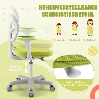 COSTWAY 360° swivel kids desk chair, 80-91.5 cm adjustable height youth chair with backrest & armrests, computer chair with 5 wheels for kids aged 3-10 years old (Green)