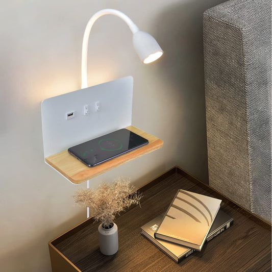 White LED indoor wall light with plug, bedroom wall lamp with USB ports and 10W wireless charger, adjustable and flexible swan-neck reading lamp, 3000K bedside lamp with backlight.