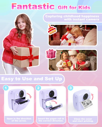 NUOTUN Instant Camera for Kids, Kids Camera with Printing Photos, 2.0 Inch HD Screen, 8X Zoom, 1080P Digital Camera with Printing Paper & Card, Kids Camera Gift for Girls & Boys 3-12 Years Old (Purple)