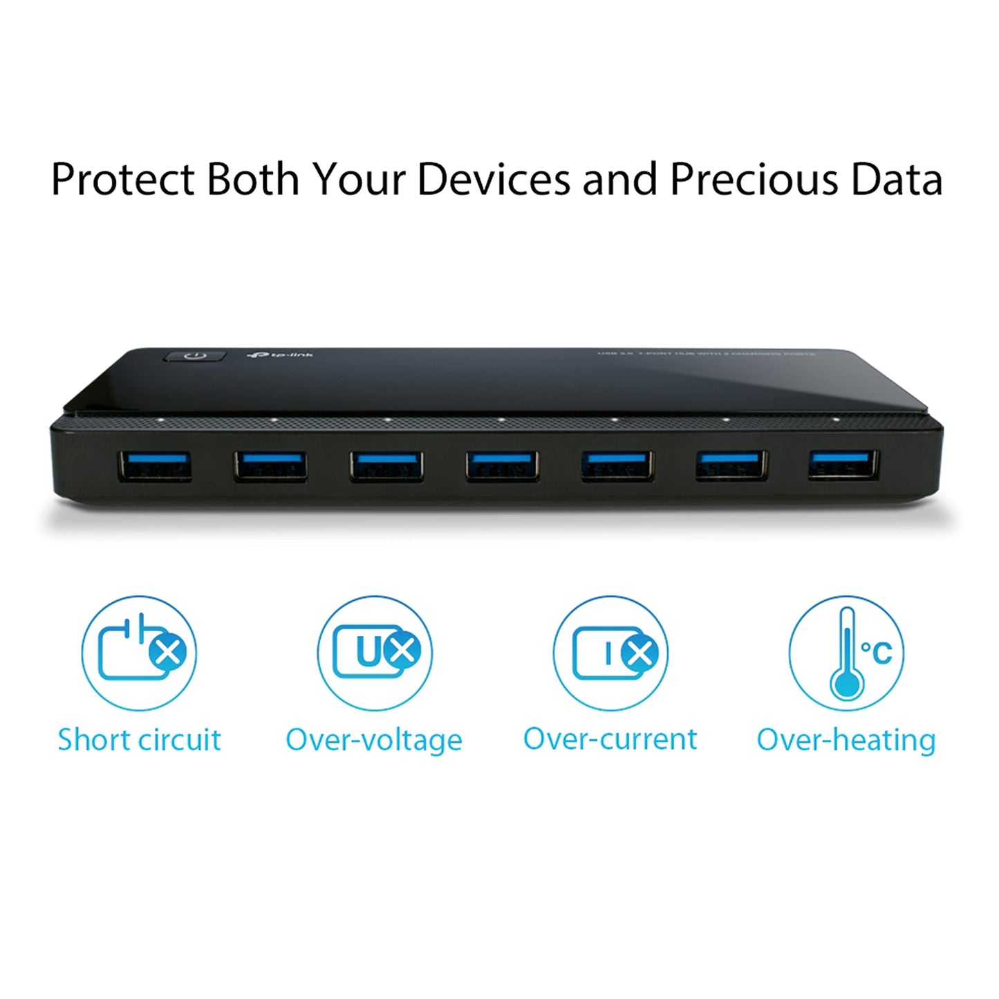 TP-Link UH720 7-Port USB 3.0 HUB + 2 charging ports (2.4A) for tablets and smartphones, includes power adapter and USB 3.0 cable, up to 5 Gbit/s, hot swapping, supports Windows, Mac OS, Linux, black.