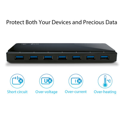 TP-Link UH720 7-Port USB 3.0 HUB + 2 charging ports (2.4A) for tablets and smartphones, includes power adapter and USB 3.0 cable, up to 5 Gbit/s, hot swapping, supports Windows, Mac OS, Linux, black.