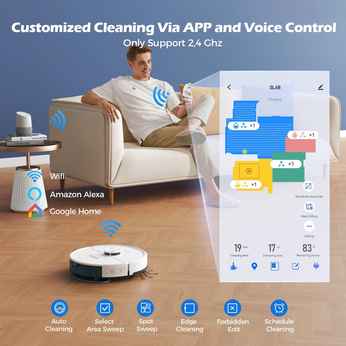 Lubluelu 3-in-1 robot vacuum with mopping function, 4500Pa suction power, laser navigation, anti-blocking technology, 150 min runtime, APP control, 24 No-Go zones (White)