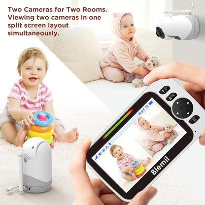 Video baby monitor with audio, 30-hour rechargeable battery, 5" screen, remote pan/tilt/zoom camera, two-way talk, night vision, no WiFi.