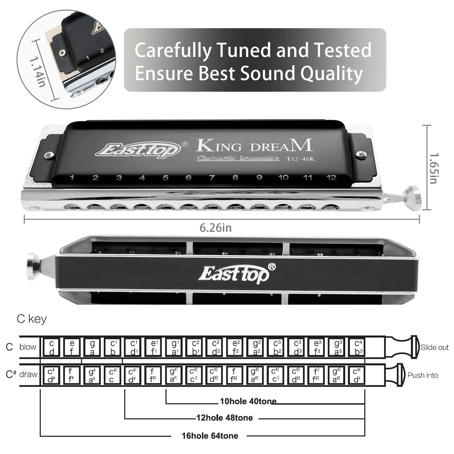 East Top 12-hole Chromatic Harmonica in C, with 48 notes. Ideal for professional players, beginners, students, and adults. Makes the perfect gift.