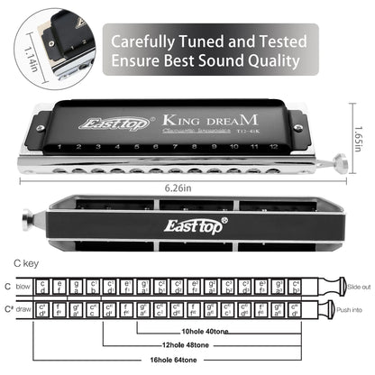 East Top 12-hole Chromatic Harmonica in C, with 48 notes. Ideal for professional players, beginners, students, and adults. Makes the perfect gift.