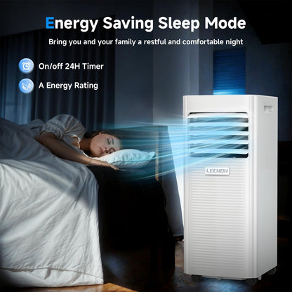 Air conditioner Mobile 9000 BTU, LEENON Mobile air conditioner 4 in 1 Cooling Dehumidifying Fan & Sleep Mode, 2.6KW Portable air conditioner with exhaust hose, Remote control/24h timer for home office up to 35 m².