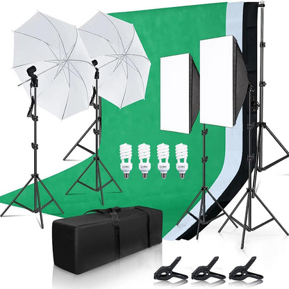 Andoer Photo Studio Set, 2M x 3M Background Support System Greenscreen Set, Softbox Studio Lighting Set with 5600K Bulb, White Soft Light Umbrella, Photo Lamps for Product Portrait Video Photography.
