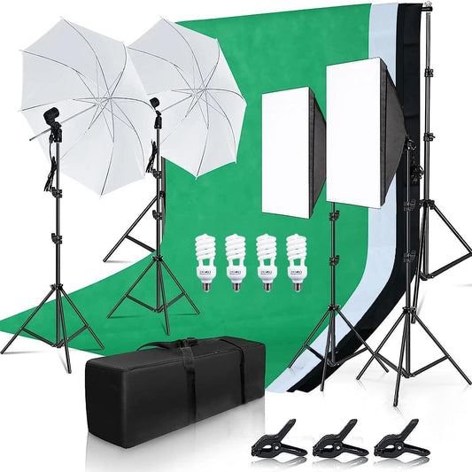 Andoer Photo Studio Set, 2M x 3M Background Support System Greenscreen Set, Softbox Studio Lighting Set with 5600K Bulb, White Soft Light Umbrella, Photo Lamps for Product Portrait Video Photography.