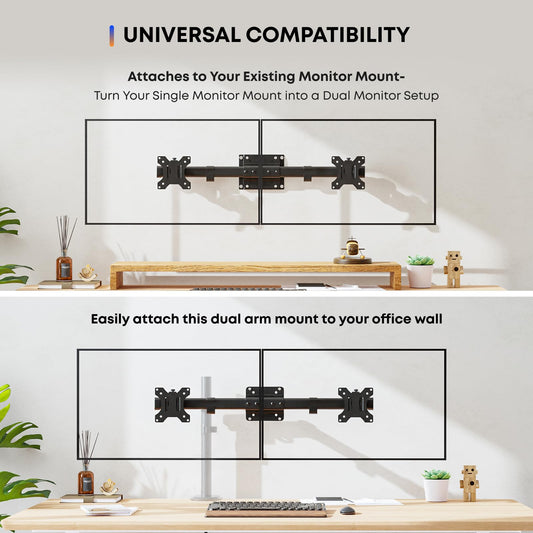 Dual Monitor Mount Adapter for Monitor 13-27 inches, Dual Monitor Adapter for Monitor Mount Arms for Computer Monitors, Max. 10kg, VESA 75x75/100x100mm