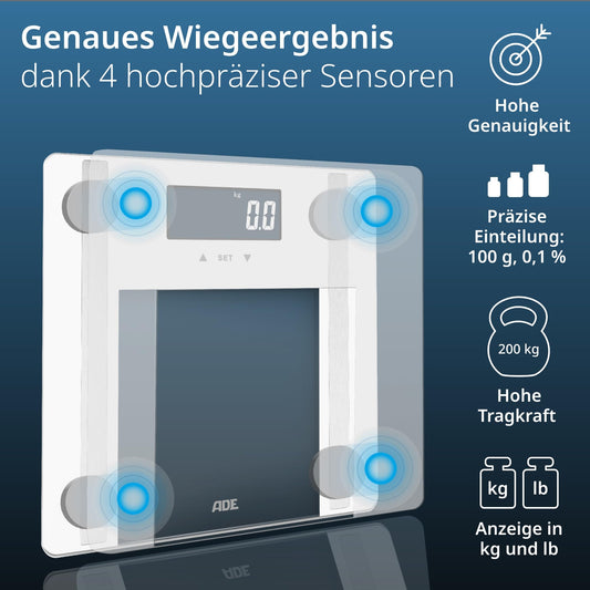 ADE Digital Body Fat Scale Ines up to 200 kg | Top pick 2024 | Personal scale with body fat analysis, BMI, muscle mass, body water, weight, BMR | Scale with user recognition | white.