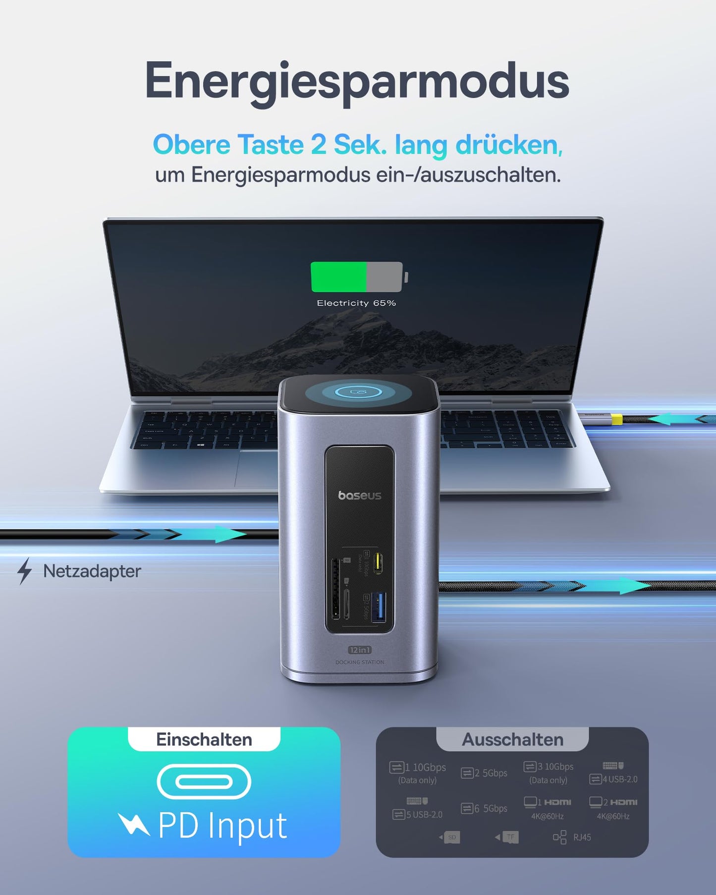 Baseus Docking Station USB-C, Nomos Air 12 in 1, Docking station for 2 monitors, 2 * 4K HDMI, 10Gbps USB-C/A, 100W PD, Gigabit Ethernet, Compatible with Dell/HP/Lenovo/Asus/Acer/Mac laptops.