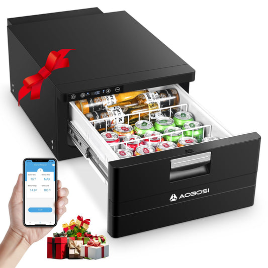 AAOBOSI 31L drawer compressor cooler, RV fridge with APP control, 12/24V, compressor refrigerator, up to -20℃ cooling drawer for car, truck, boat, RV, camping, and outlet.