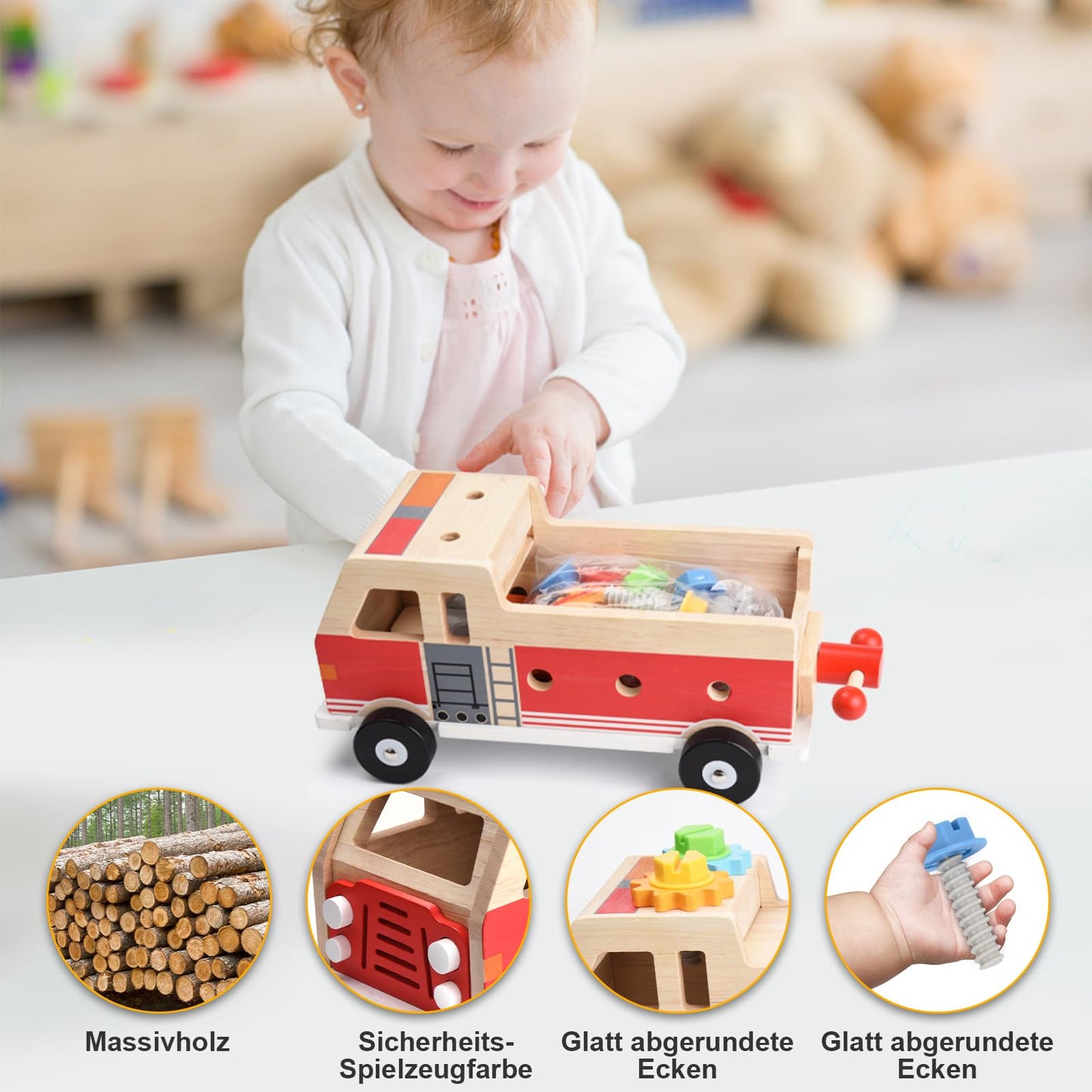 Nauotk Tool Box Children's Workbench, Montessori Wooden Tool Toys for Ages 2 3 4, Kids Tool Cart, Tool Belt Kit Learning Games Gift for Boys Girls 3+ years.