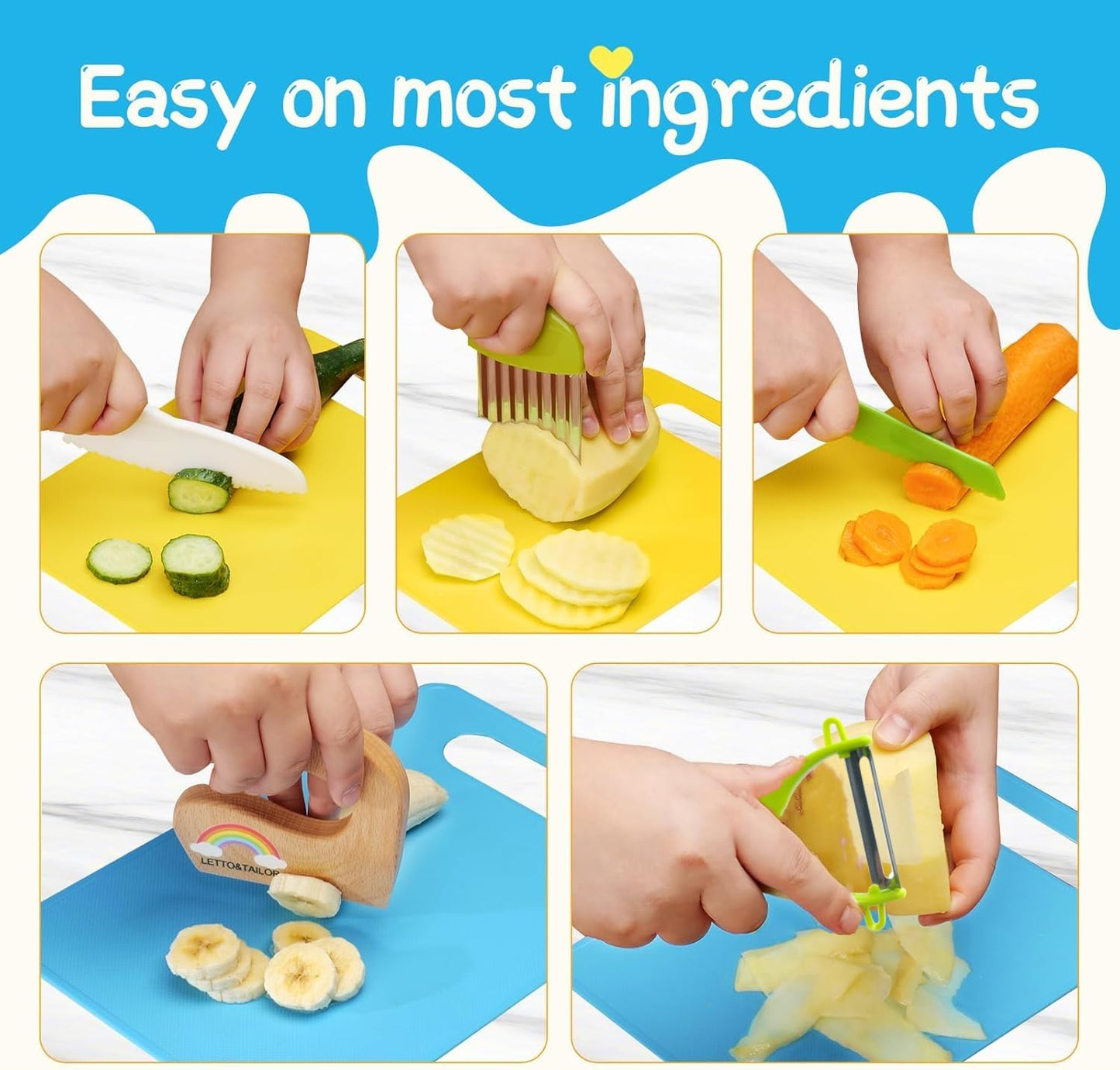 Children's knife 16-piece children's safety cooking knife kitchen knife set with vegetable cutters, wooden knives, cutting board etc. Montessori toy as a birthday gift for children aged 2 years and older.