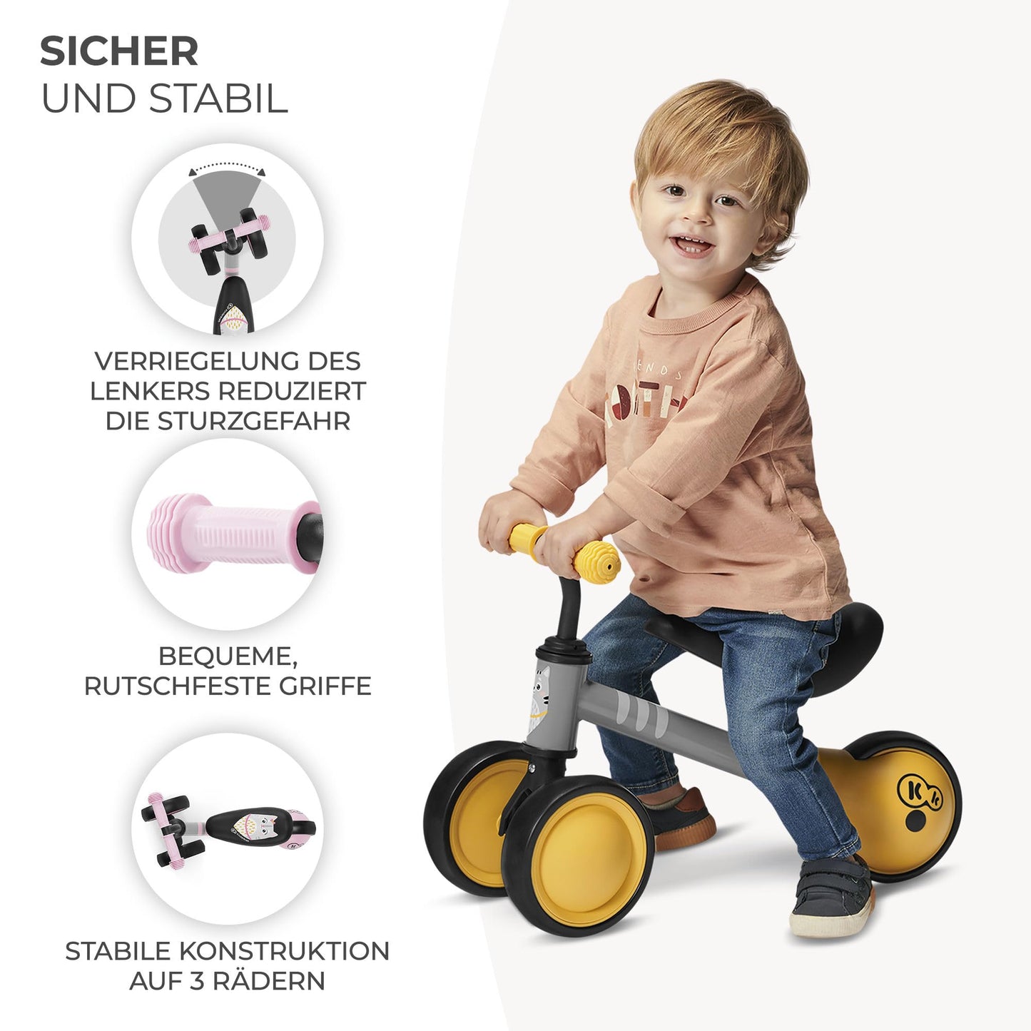 Children's balance bike CUTIE, learning bike, metal construction, modern design, safe construction, for children aged 1 year and up, pink color.
