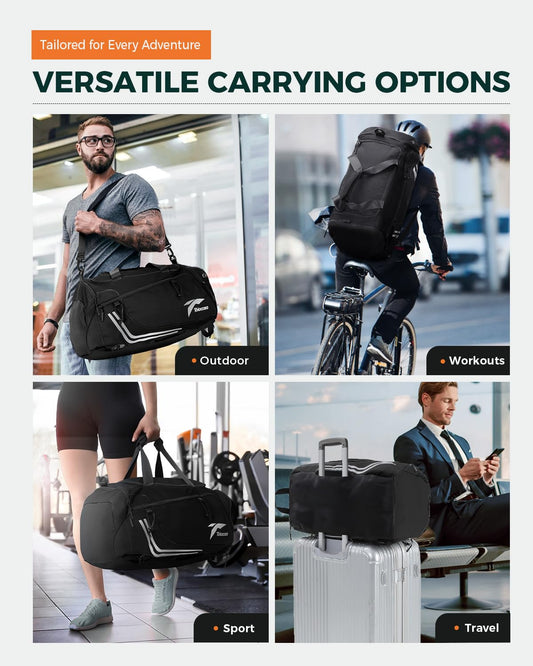 Tolaccea sports bag for men with backpack function, large 45L sports backpack with shoe compartment and wet compartment, women's duffel bag for gym, sauna, soccer, swimming, and gym (black).