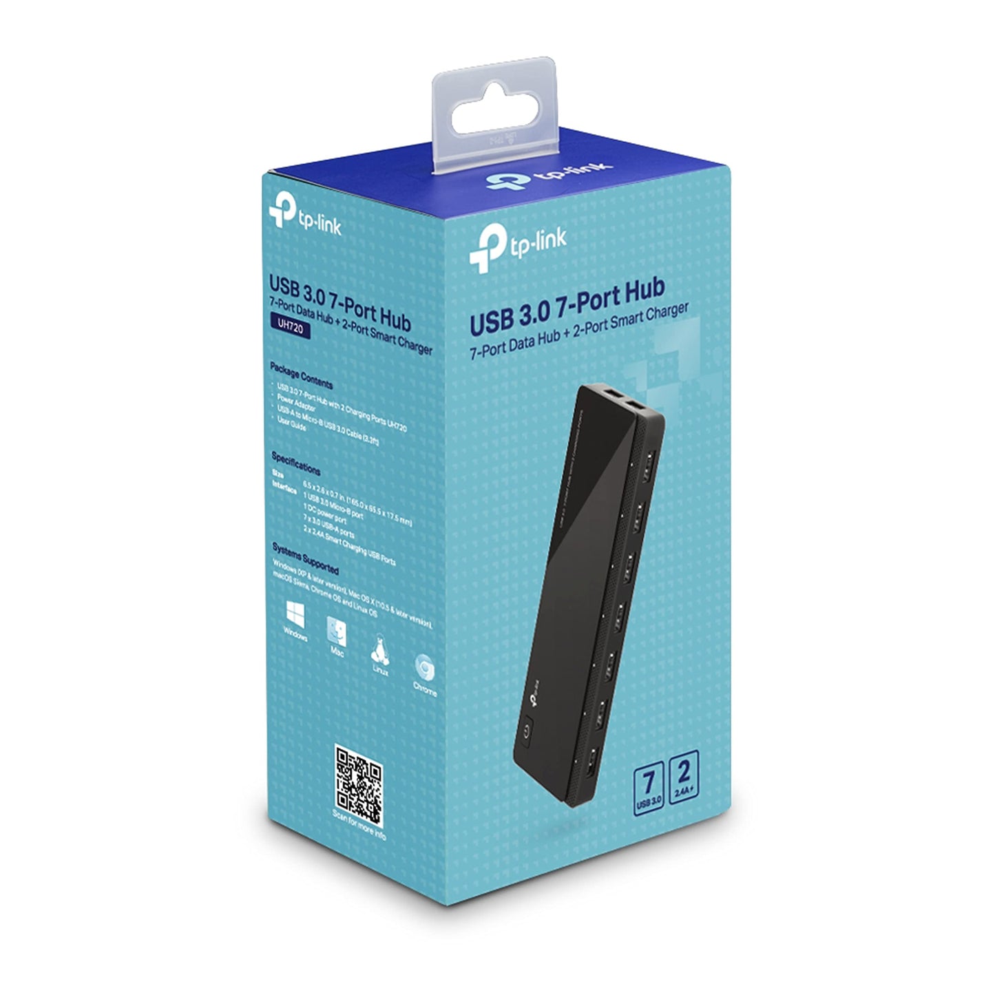 TP-Link UH720 7-Port USB 3.0 HUB + 2 charging ports (2.4A) for tablets and smartphones, includes power adapter and USB 3.0 cable, up to 5 Gbit/s, hot swapping, supports Windows, Mac OS, Linux, black.