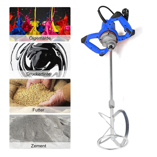 2600W stirrer for paint, concrete, mortar, plaster, adhesive, and cement. Features 6-speed gearbox, soft start function, lockable switch, 0-1700 RPM speed, and M14 interface stirring rod.