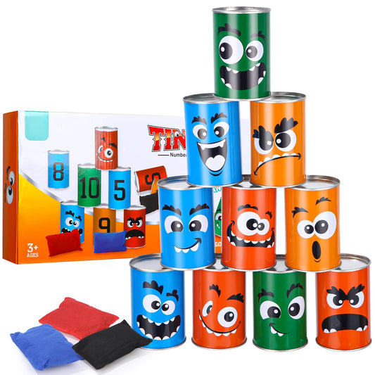 Can toss game for kids, 10 cans and 3 bean bags throwing game, kids outdoor games, children's garden games, children's birthday party games.