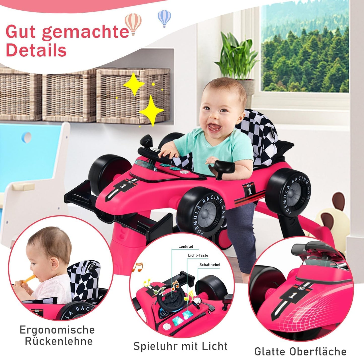 COSTWAY 4 in 1 folding baby walker with adjustable height & speed, music box, lights & wheels, suitable for babies from 6 months, can support up to 12kg weight capacity. Available in pink color.