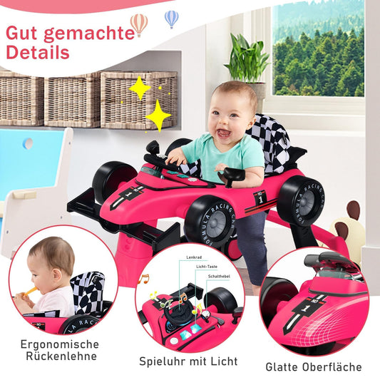 COSTWAY 4 in 1 folding baby walker with adjustable height & speed, music box, lights & wheels, suitable for babies from 6 months, can support up to 12kg weight capacity. Available in pink color.