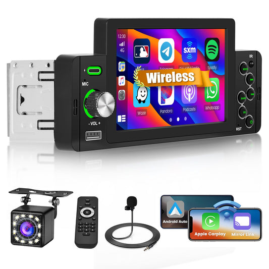 Hikity 1-Din car stereo, CarPlay Android Auto Wireless, 5" touchscreen radio, Bluetooth with reverse camera, FM radio, EQ, SWC, USB Type-C, Mirror Link.