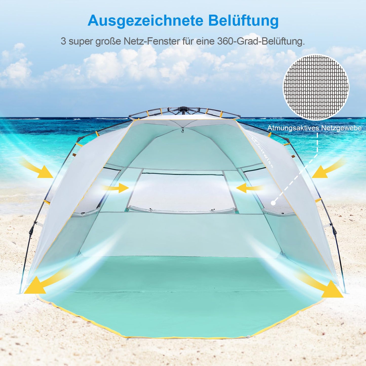 WolfWise beach tent with UV protection 50+, 4-5 people beach shelter with Quick-Up system, sun protection windbreak with expandable floor, automatic sun tent for family camping garden beach mint green.