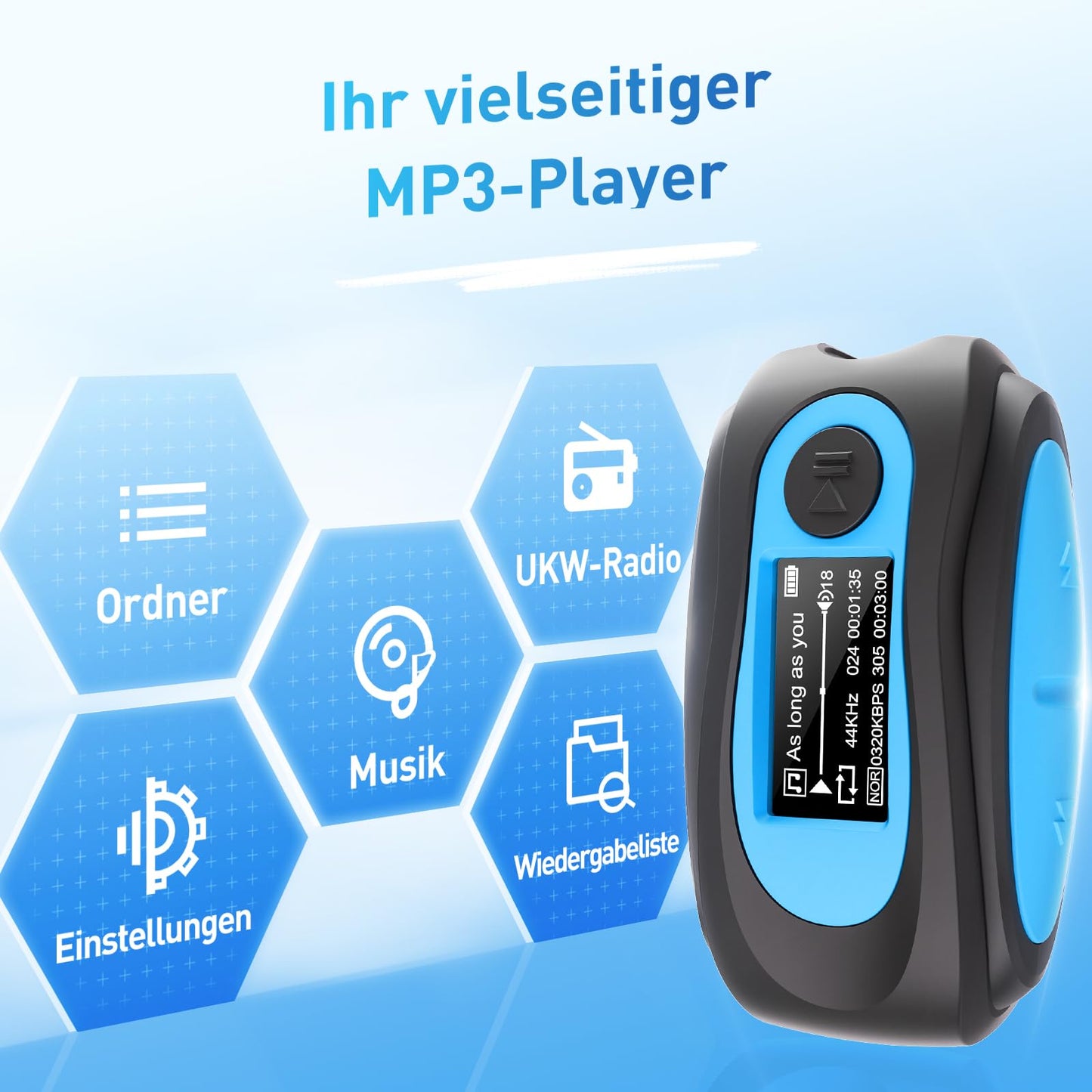 AGPTEK IPX8 Waterproof MP3 Player, 8GB HiFi MP3 Music Player for Swimming and Running, with waterproof headphones, audio cable, and 3 pairs of ear tips (L/M/S), supports FM, shuffle function, Blue.