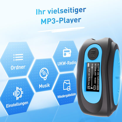 AGPTEK IPX8 Waterproof MP3 Player, 8GB HiFi MP3 Music Player for Swimming and Running, with waterproof headphones, audio cable, and 3 pairs of ear tips (L/M/S), supports FM, shuffle function, Blue.