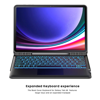 Keyboard case for Samsung Galaxy Tab S9 FE Plus / S9 Plus 12.4 Inch - 7 Color Backlit Touchpad Folio Tablet Cover - Backlit German QWERTZ Layout Keyboard for Tab S9 FE+ / S9+ Black