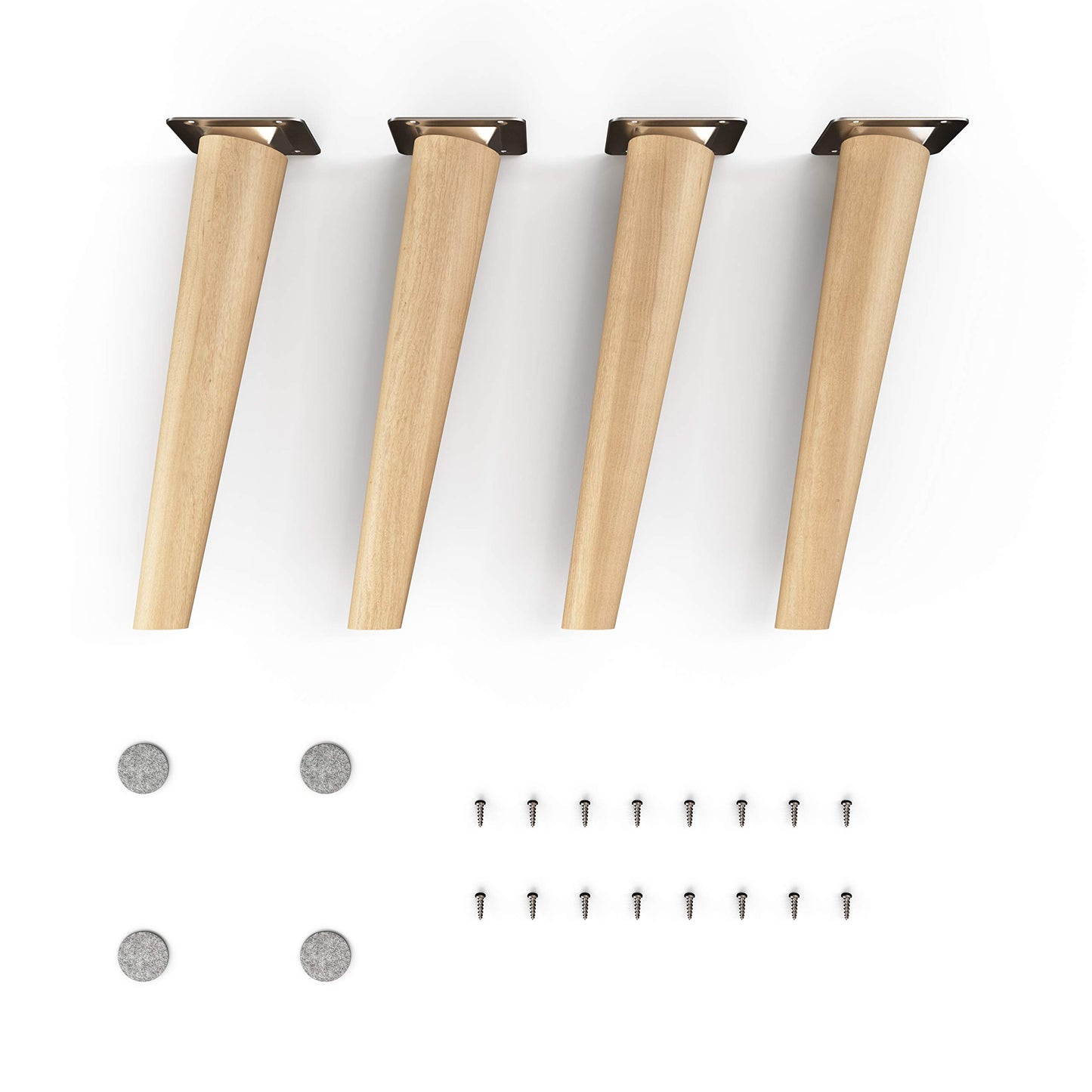Sossai solid beech wood furniture legs with oil finish, Clif Round HMF2, 25 cm high, round, slanted design, for display cases, tables, cabinets.