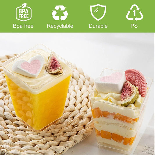 50 pieces of dessert cups with 50 spoons, 8 OZ/240ML clear dessert bowls. Reusable square and trapezoid dessert cups for home, desserts, pudding, mousse, ice cream, and parties.