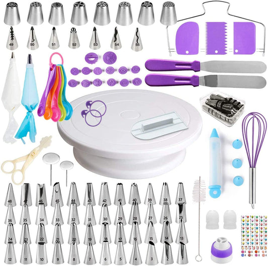 YIGeyi 137-piece baking set includes rotating cake stand, DIY tools, cake decorating sets, bags, tips, spatulas, and more. (137 pcs, Purple)