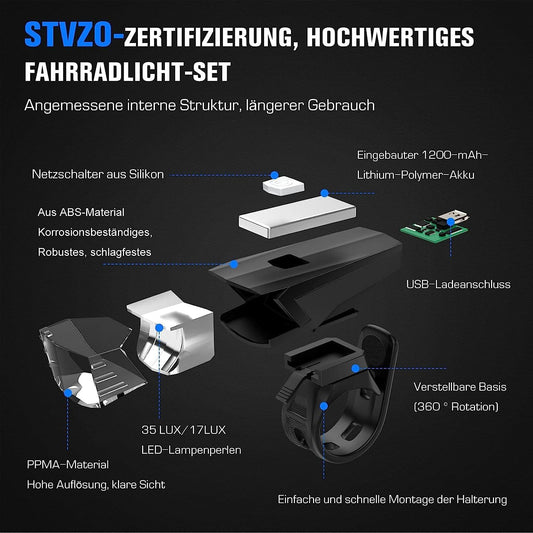 LED bike light set, StVZO bike light USB rechargeable, waterproof bike lighting front and rear set with headlights & taillight, bike light for kids and adults.