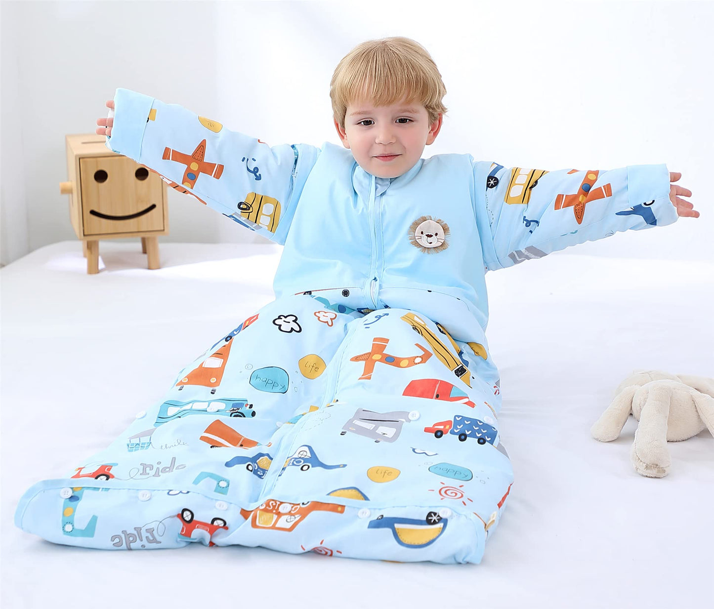 Chilsuessy Winter 2.5 Tog Kids Sleeping Bag with Removable Sleeves Organic Baby Sleeping Bag All Season Sleeping Bag for Boys and Girls 1-10 years old, 2.5 Tog/Colorful Bus, M (70-100 cm)