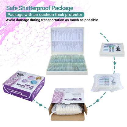 100 microscope slides specimens, microscope slides with biological samples, insects, plants, human cells for children, students, education, and scientific research.