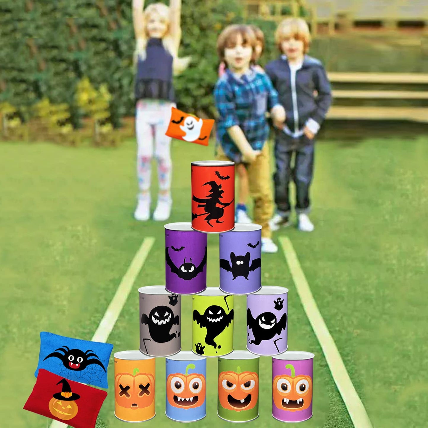 Ulifeme Kids Can Toss, can throwing game for children's birthdays & parties, Can Toss game gift with 10pcs Halloween-themed cans & 3pcs tossing bags set for kids & adults outdoor games.