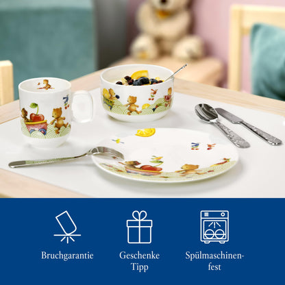 Villeroy & Boch - Hungry As A Bear Set with children's cutlery and tableware (7 pieces). Dishwasher safe, microwave safe. Includes: children's plate, children's cup, children's cutlery set. Made of premium porcelain/stainless steel.
