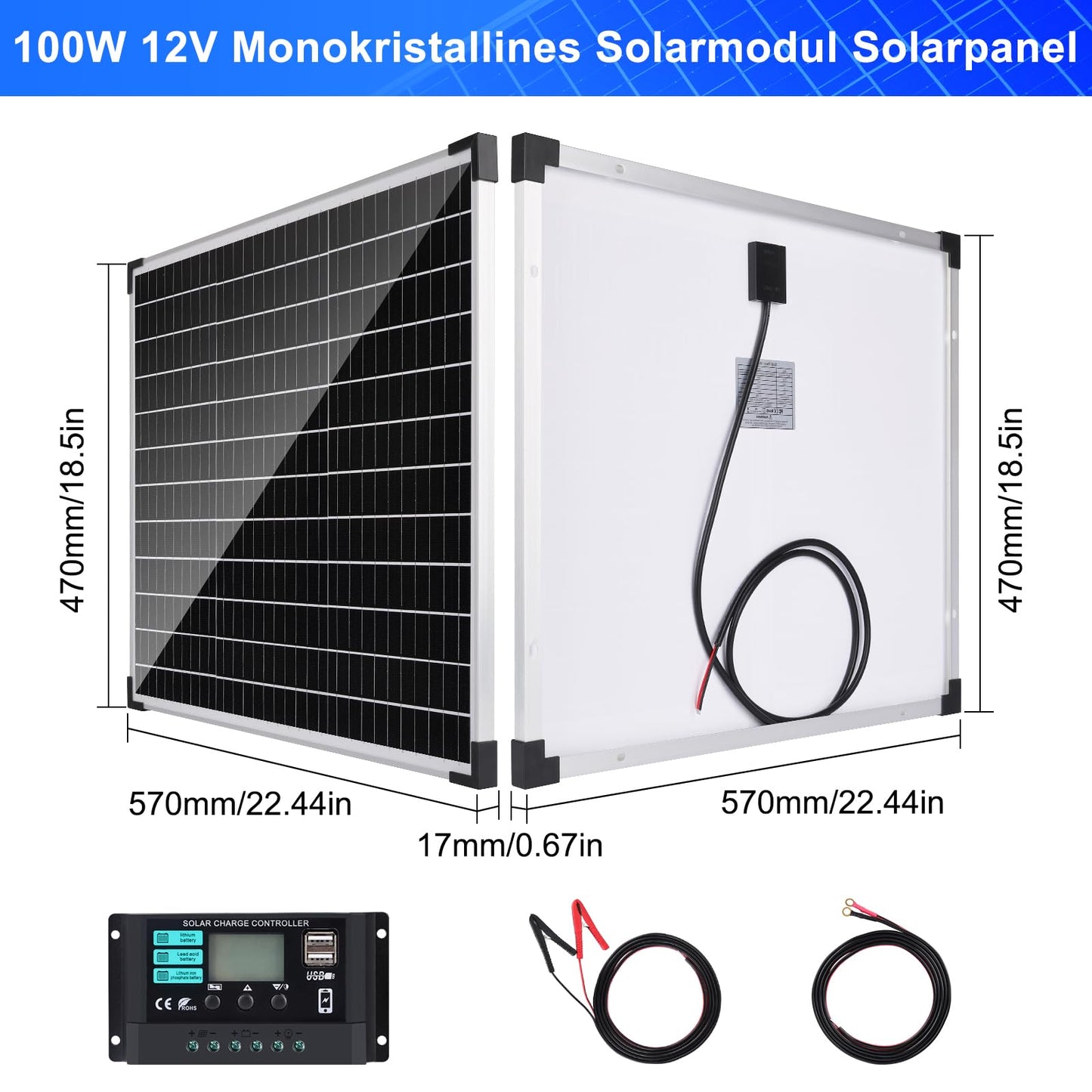 100W Solar Panel 12V Kit: DERUXI 100W Solar Panel 12V Kit includes 2pcs 50W monocrystalline solar panels, 10A solar charge controller, and 4pcs extension cables. Perfect for RVs, campers, and boats.