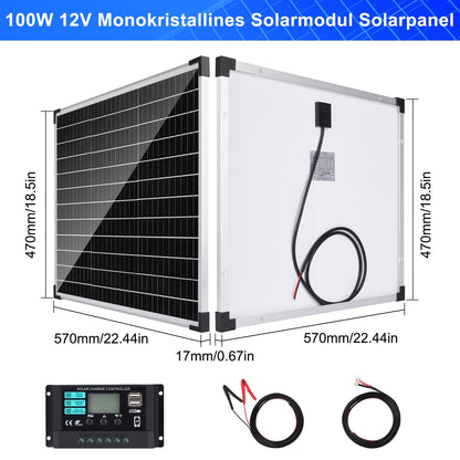 100W Solar Panel 12V Kit: DERUXI 100W Solar Panel 12V Kit includes 2pcs 50W monocrystalline solar panels, 10A solar charge controller, and 4pcs extension cables. Perfect for RVs, campers, and boats.
