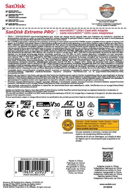 SanDisk Extreme PRO microSDXC UHS-I Memory Card 2TB + SD Adapter & RescuePRO Deluxe (For smartphones, action cameras, or drones, transfer speeds up to 250 MB/s, 5K, 4K UHD, A2, Class 10, U3, V30)
