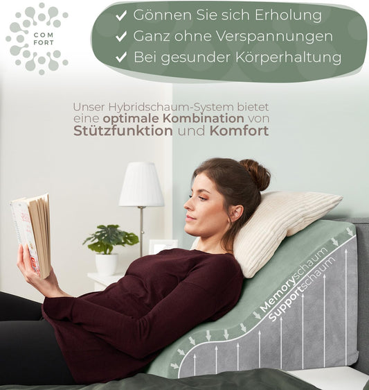 Ergonomic reading pillow for bed and sofa - Comfortable back pillow with memory foam - Usable as reflux pillow, wedge pillow bed, bed pillow backrest while sitting and lying, GRAY