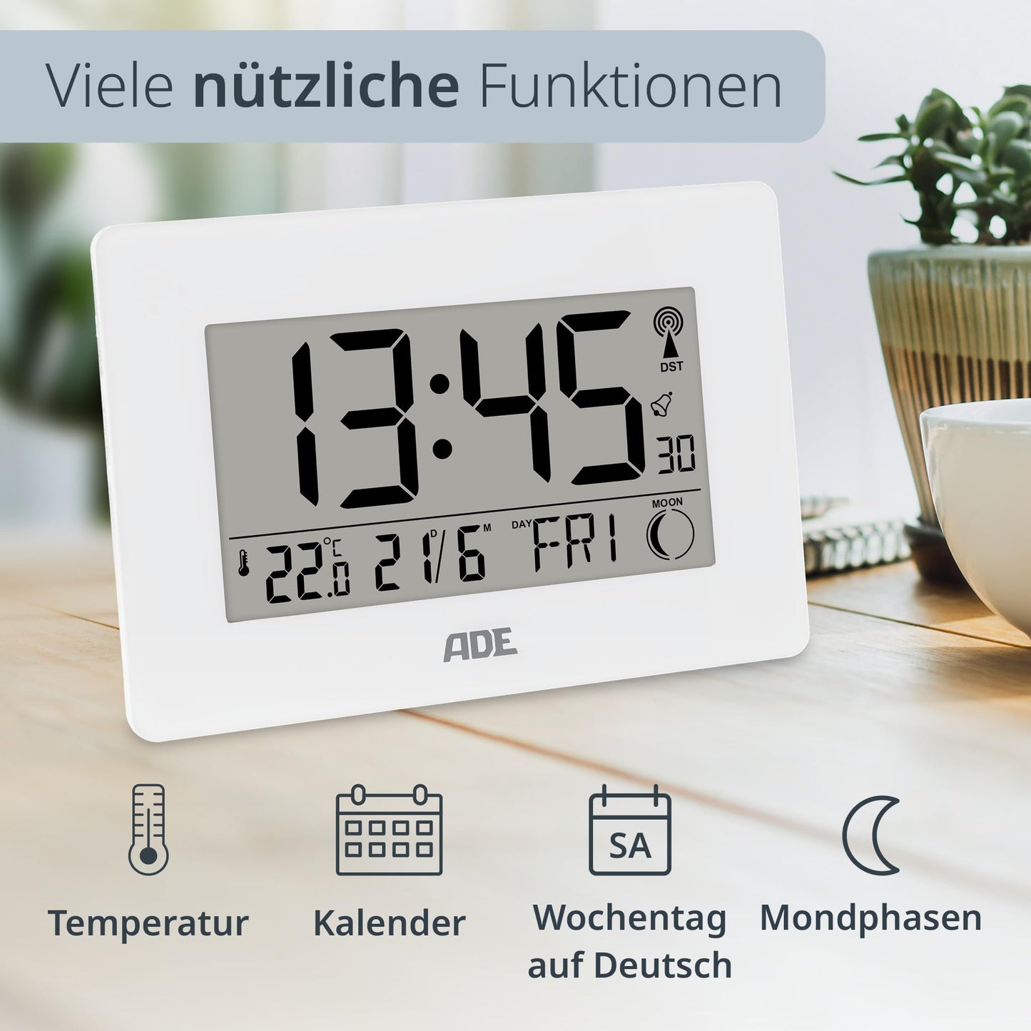ADE Large digital radio clock with XXL digits | Table clock with calendar and day of the week | Digital clock with temperature display | Digital radio alarm clock with battery | white