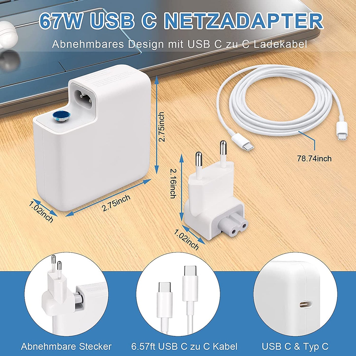 67W USB C Charger, Qiyezinuo Mac Book Charger compatible with MacBook Pro and MacBook Air with USB-C port, iPad Pro and all Type-C devices.