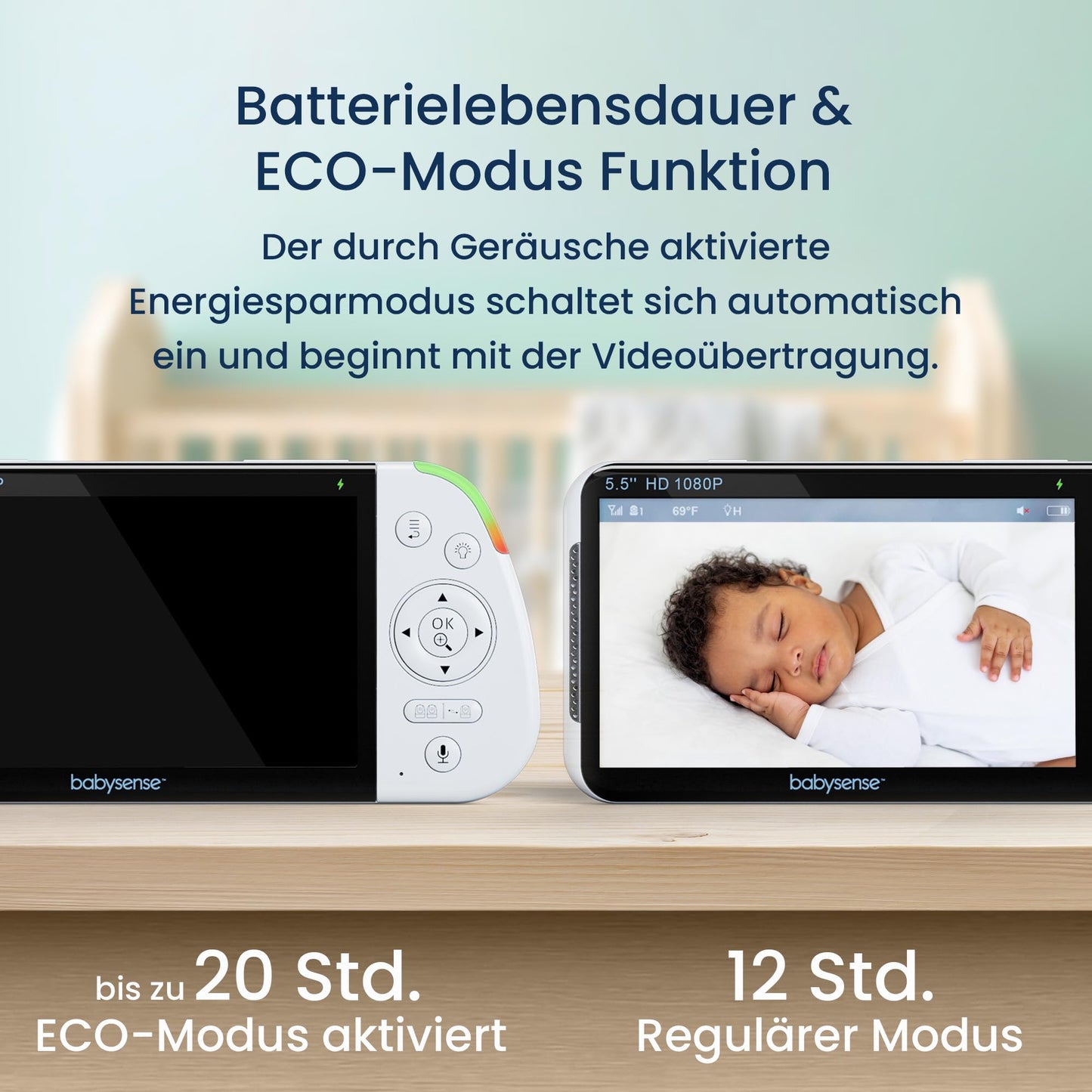 Babysense video baby monitor with camera, No Wi-Fi, 5.5-inch 1080p Full HD display, 6-color night light, 300m range, Two-way audio, 4X zoom, 5000mAh battery.