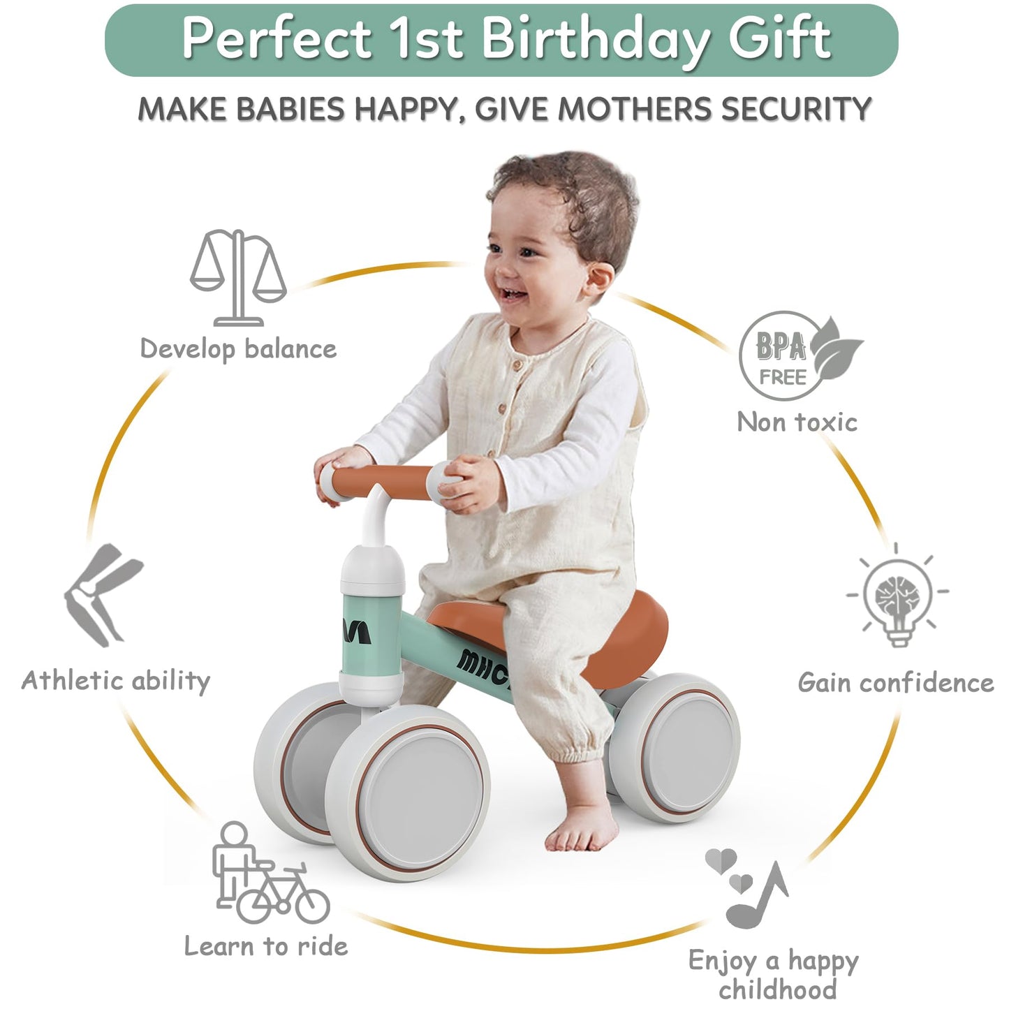 Toddler balance bike for 1 year and up, with 4 wheels for 10-24 month old babies. First ride-on bike for boys and girls as a gift - light green.